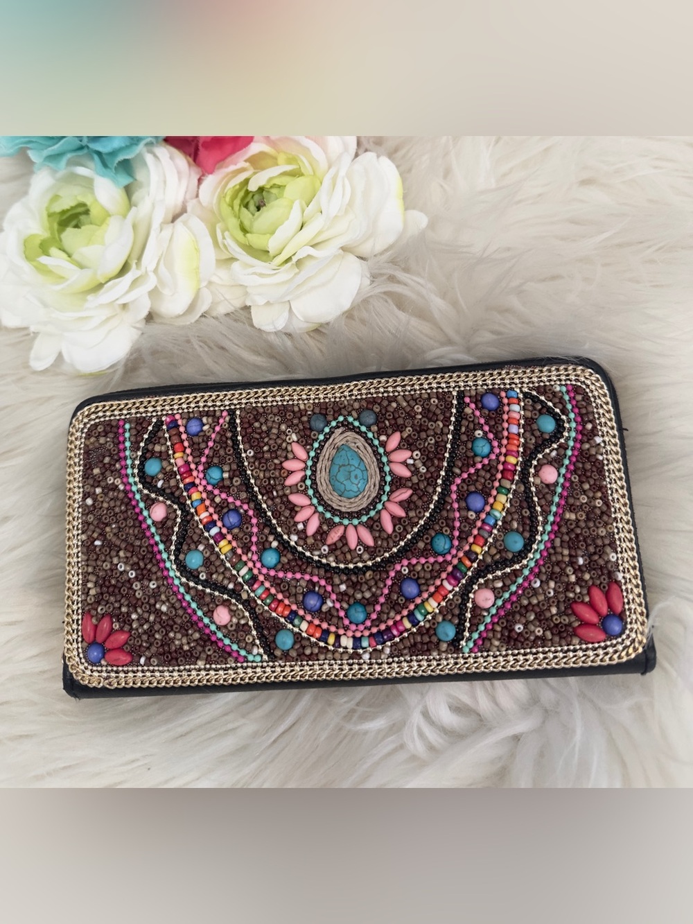 Beaded Multi Colored and Gold Zipper Wallet